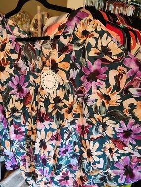 Umgee Teal Floral Top with Pink & Peach Blooms